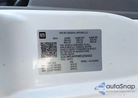 2024 Chevrolet Express Cargo Rwd 2500 Regular Wheelbase Wt из США, поврежденный, VIN 1GCWGAFP6R1250432